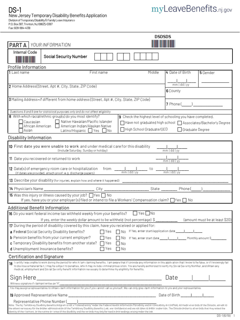 NJ Temporary Disability Benefits Form | PDF | Social Security (United ...