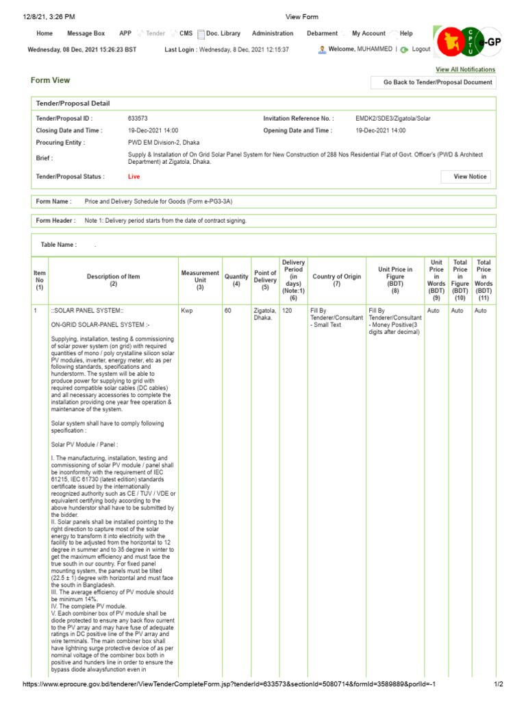 Form View: Tender/Proposal Detail | PDF | Photovoltaic System | Solar Panel
