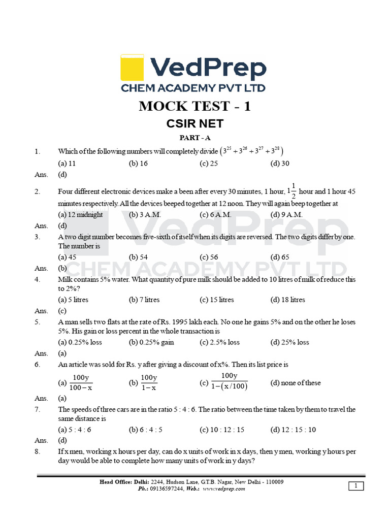 Mock Test - 1 (CSIR NET) Chemistry | PDF | Chemistry | Physical Chemistry