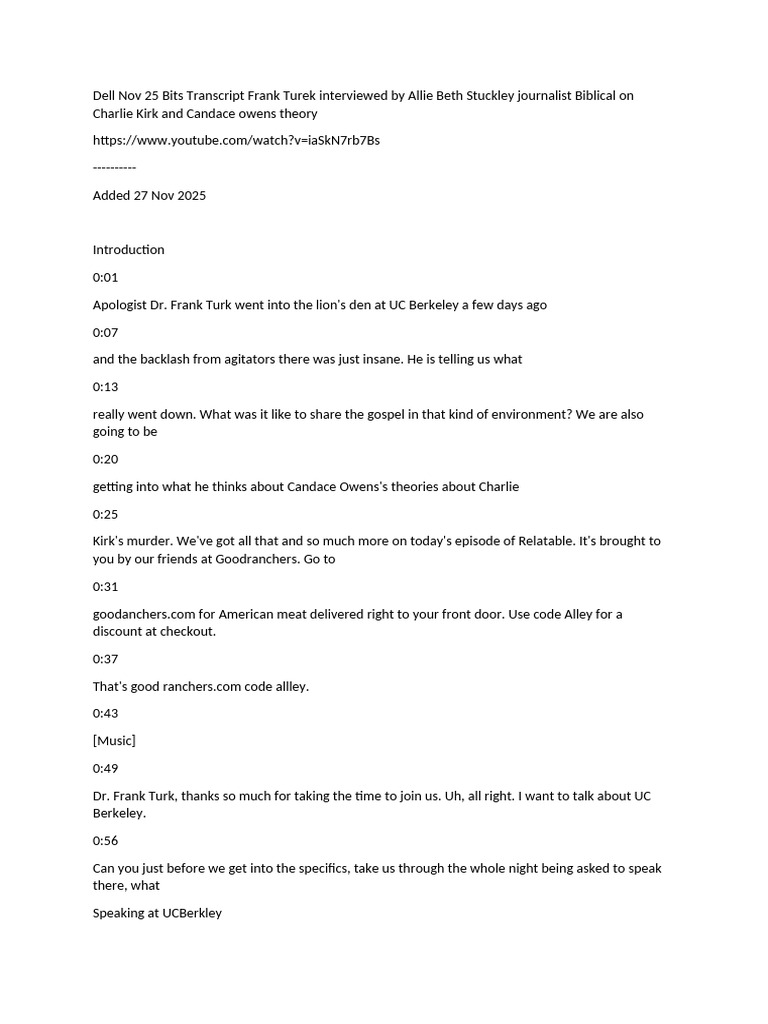 Dell Nov 25 Bits Transcript Frank Turek Interviewed by Allie Beth ...