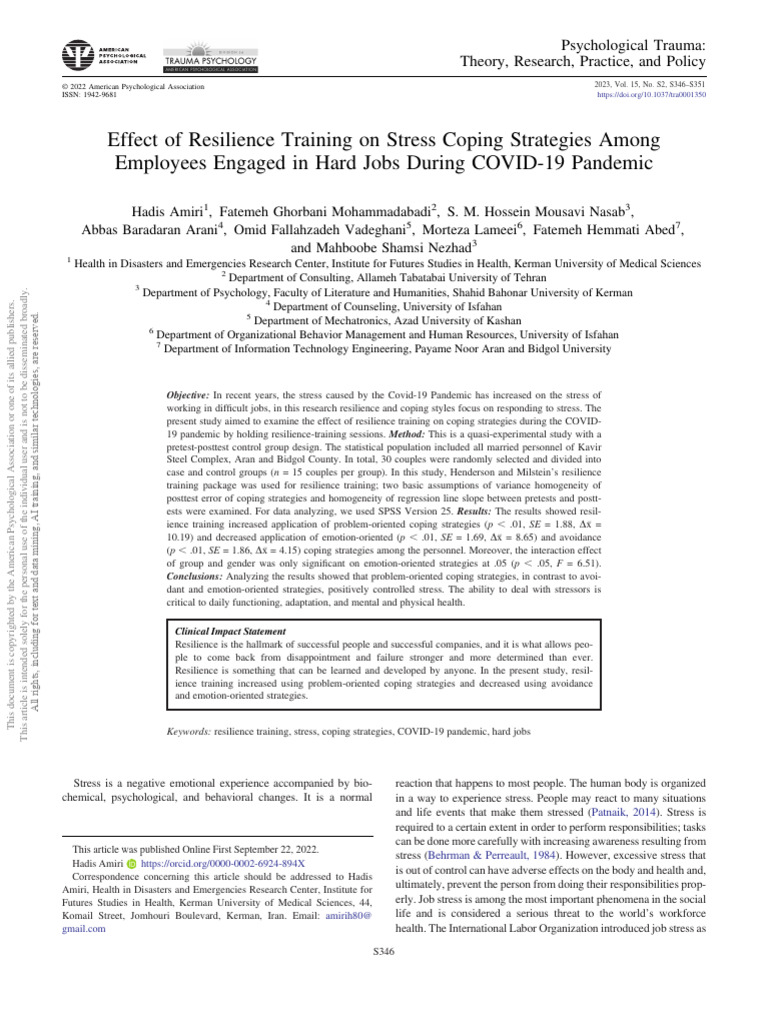 Resilience Training's Impact on Stress Coping | PDF | Psychological ...