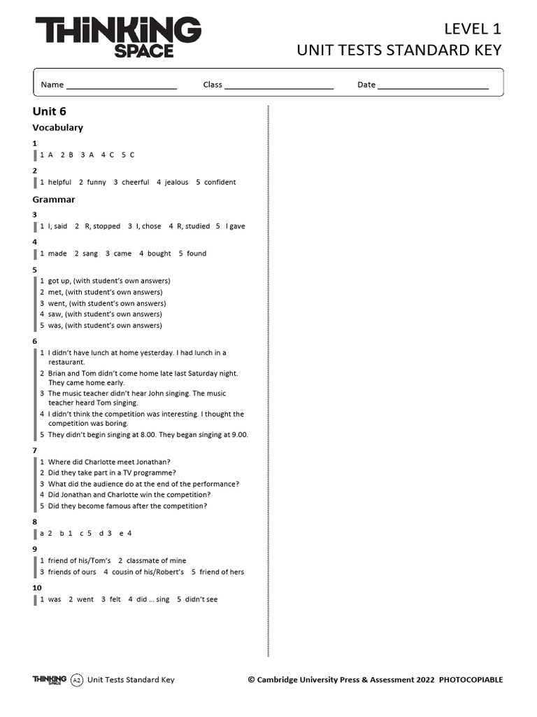 A2 Level 1 Unit Test Standard Key | PDF