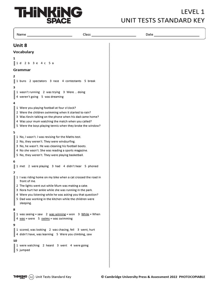 A2 Level 1 Unit Tests Standard Key | PDF