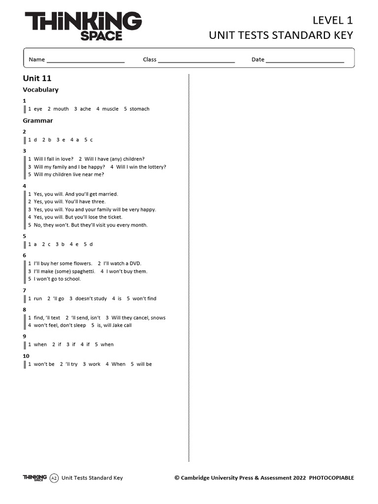 A2 Level 1 Unit Tests Standard Key | PDF