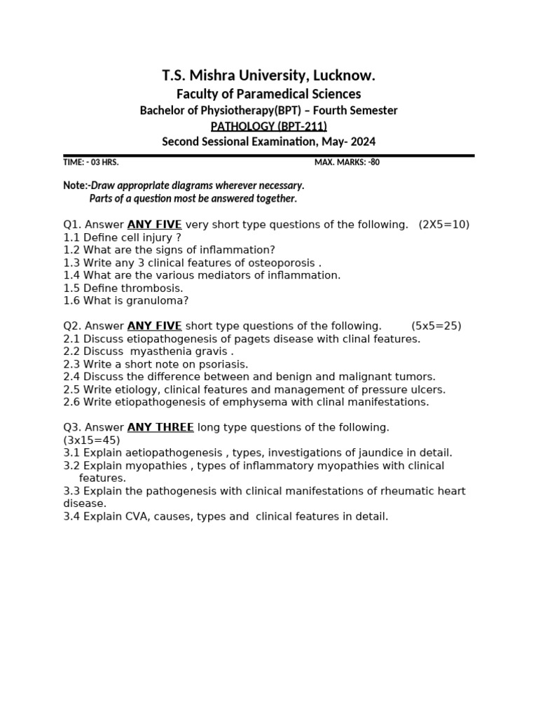 BPT-211 Pathology Question Paper 4 TH Sem | PDF