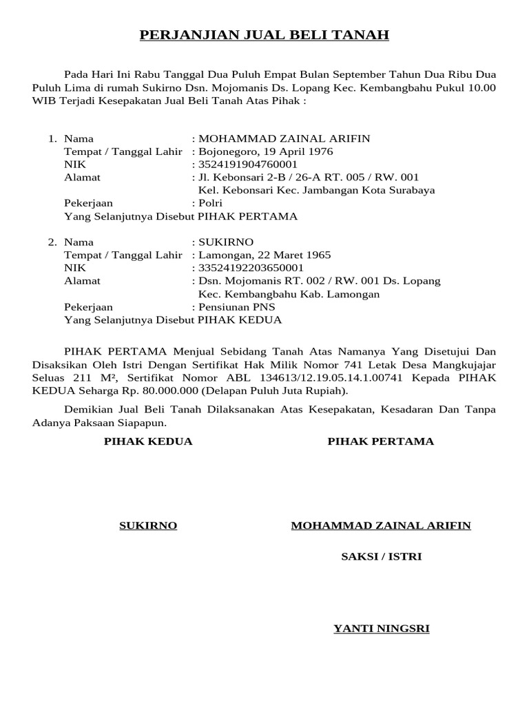 Perjanjian Jual Beli Tanah 211 M² | PDF