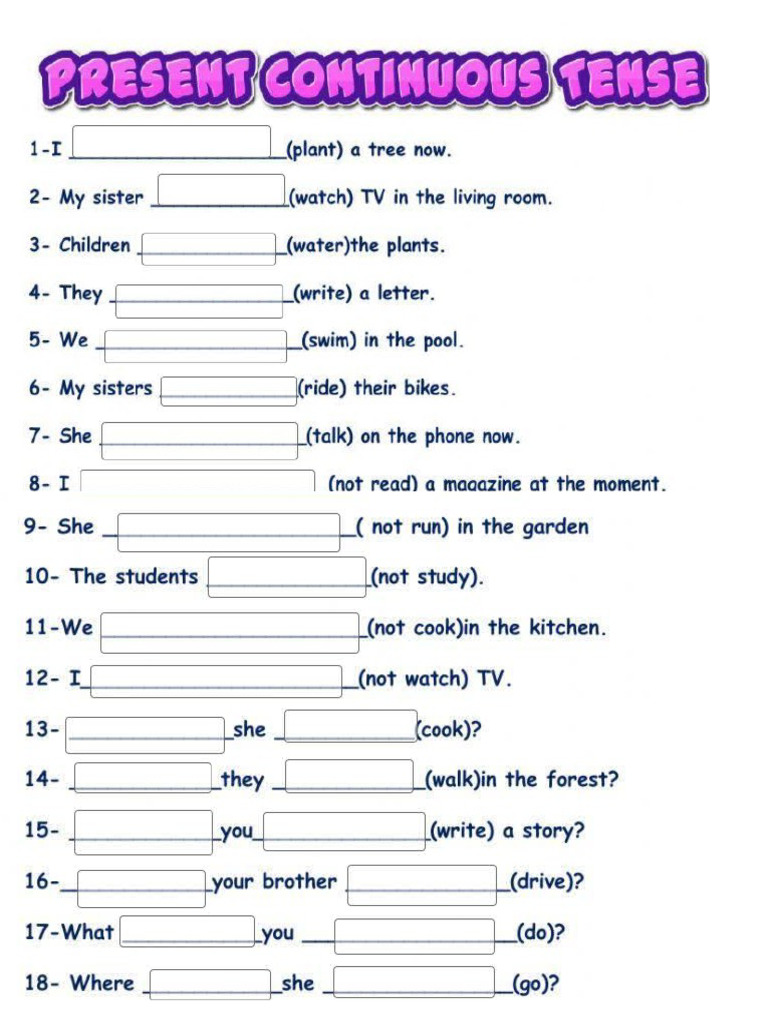 Present Continuous Worksheet W7 | PDF