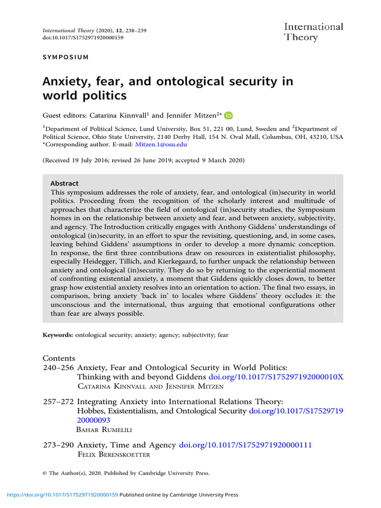 Anxiety Fear and Ontological Security in World Politics | PDF ...