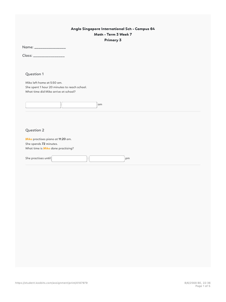 Primary 3 Math Time Problems Worksheet | PDF
