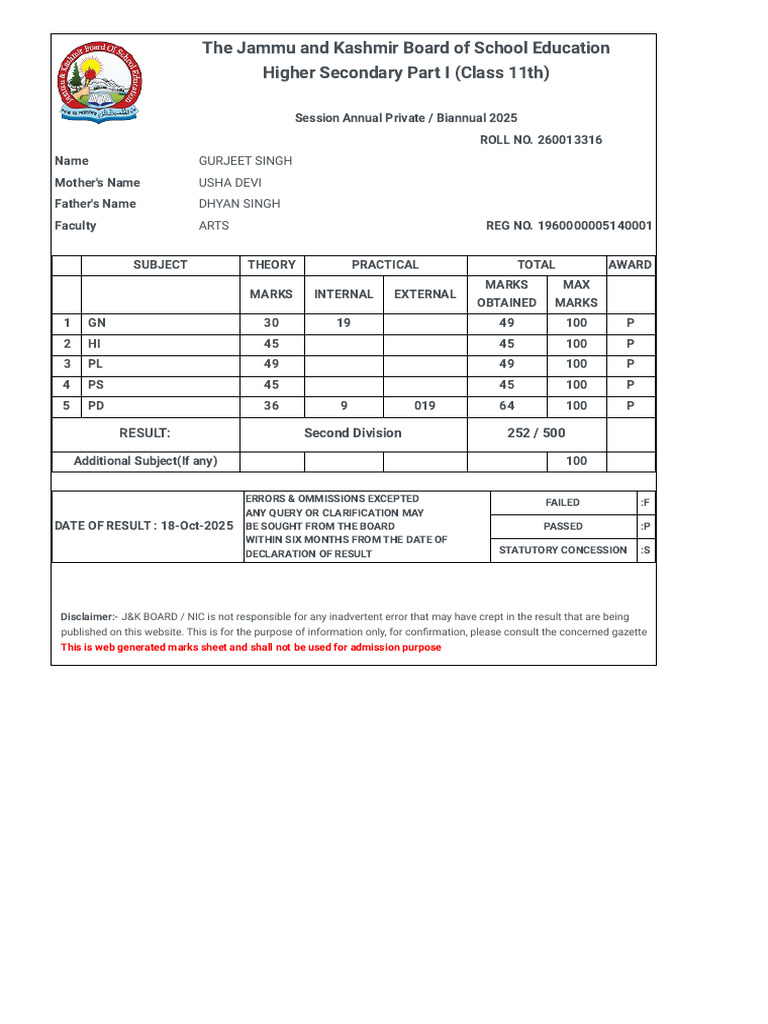 J&K Class 11 Marks Sheet 2025 | PDF