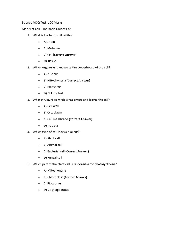 Science MCQ Test: Cell to Energy Transfer | PDF | Chemical Compounds ...