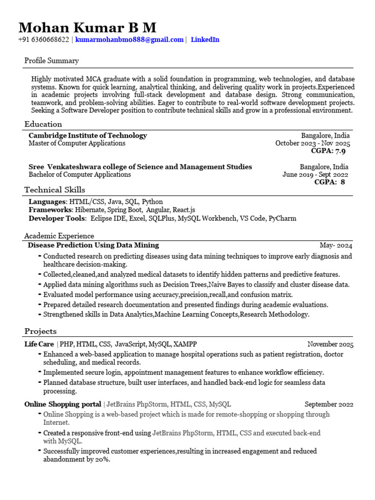 Mohan Kumar Resume | PDF | My Sql | Data Mining