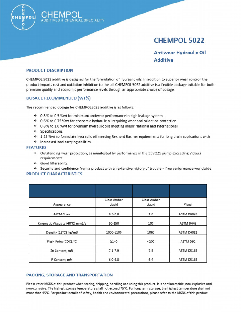 CHEMPOL 5022 Hydraulic Oil Additive | PDF | Mechanical Engineering ...