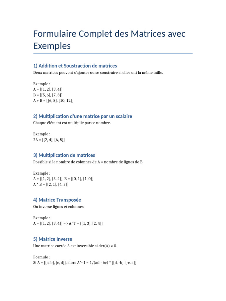 Formulaire des Matrices et Exemples | PDF