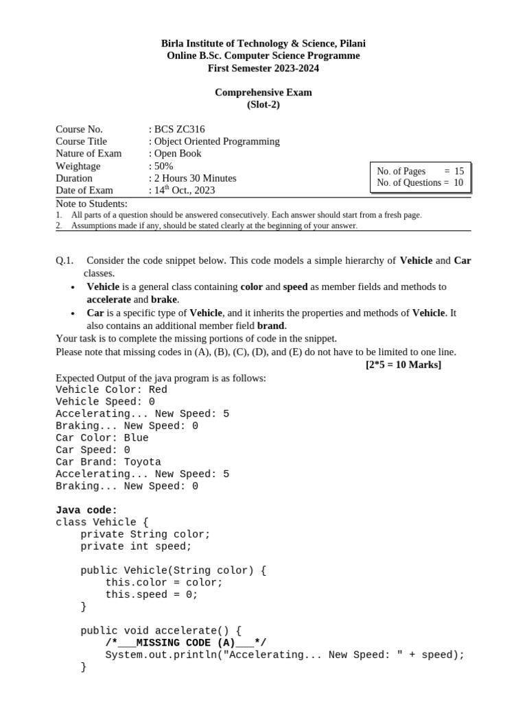 BITS Pilani B.Sc. Computer Science Exam 2023 | PDF | Method (Computer ...