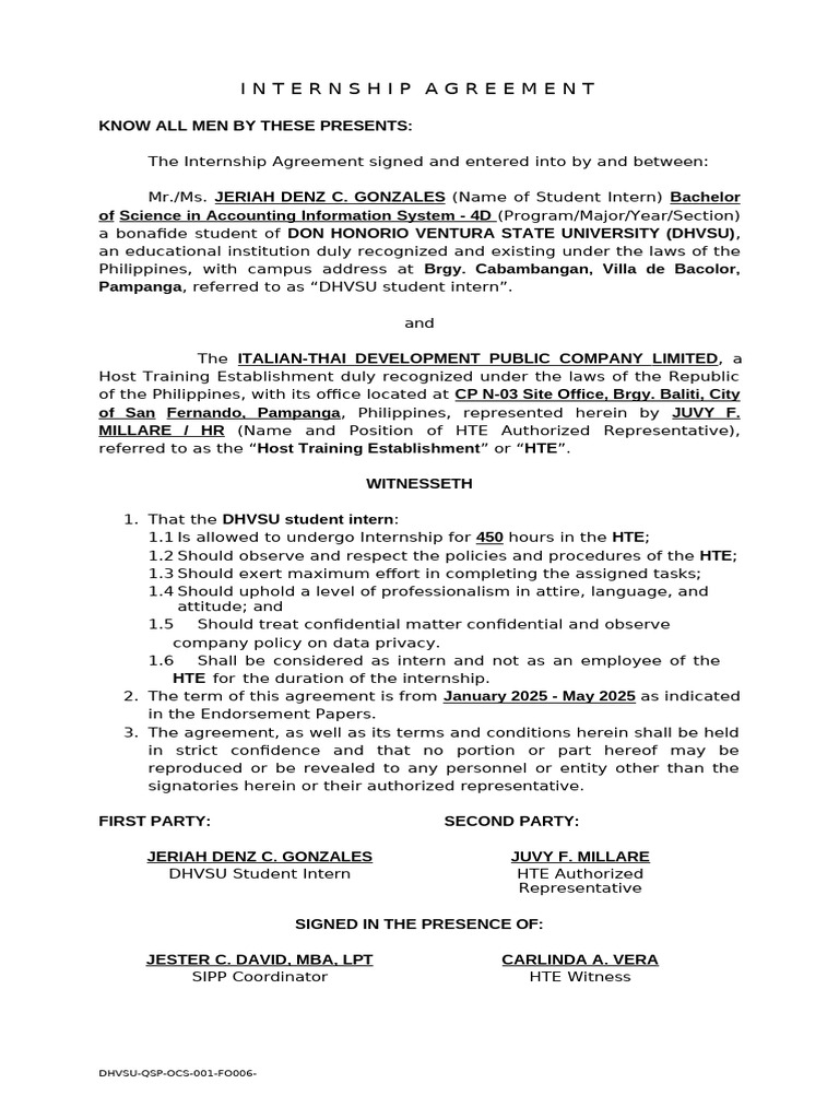 DHVSU Internship Agreement 2025 | PDF