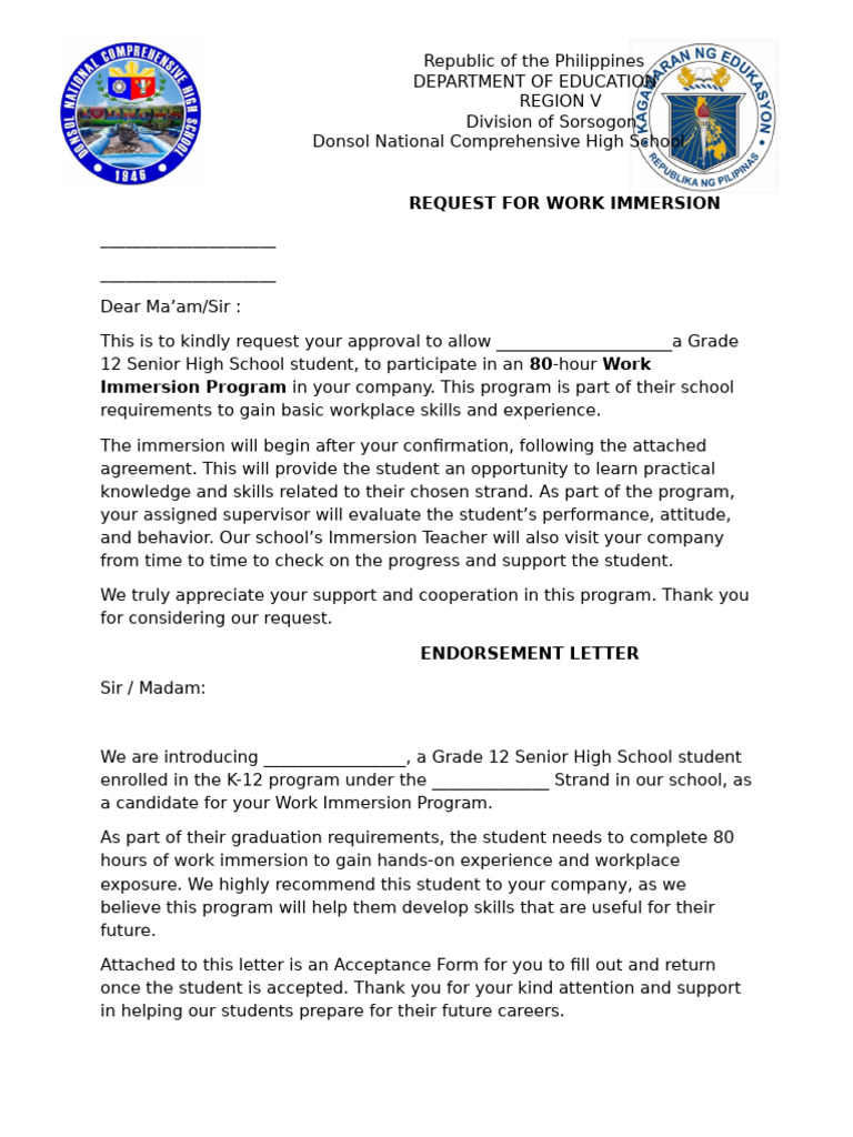 Request for Immersion and Endorsement Letter | PDF | Cognition ...