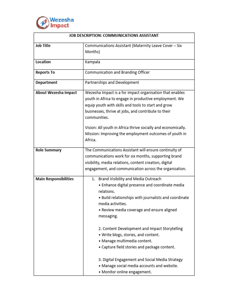 Wezesha+Impact+ +Communications+Assistant+Job+Description+2025 | PDF ...