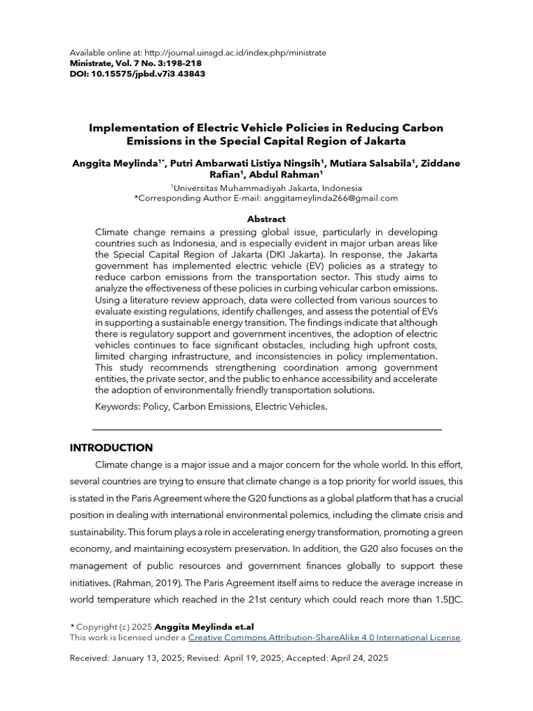 Implementation of Electric Vehicle Policies in Reducing Carbon ...