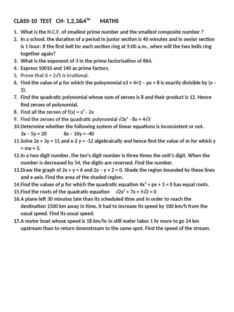Class-10 Test CH - 1,2,3&4th Maths | PDF