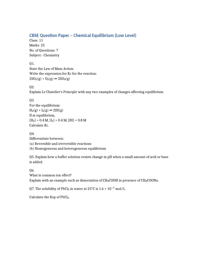 Chemical Equilibrium Low Level Question Paper | PDF