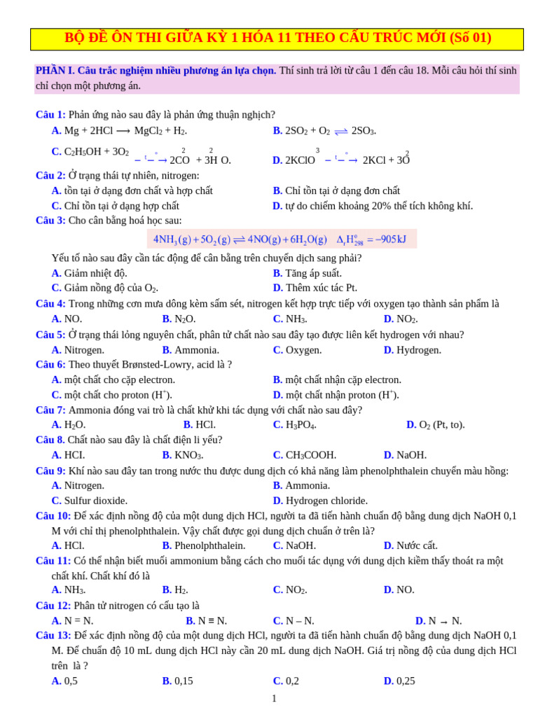 Bộ 5 Đề Ôn Thi Giữa Kỳ 1 Hóa 11 Theo Cấu Trúc Mới | PDF