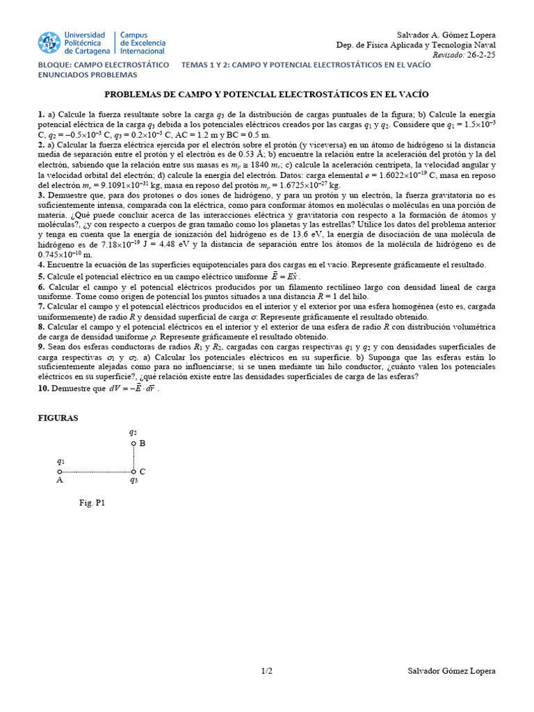 Problemas de Campo y Potencial Electrostáticos | PDF | Electrón | Protón