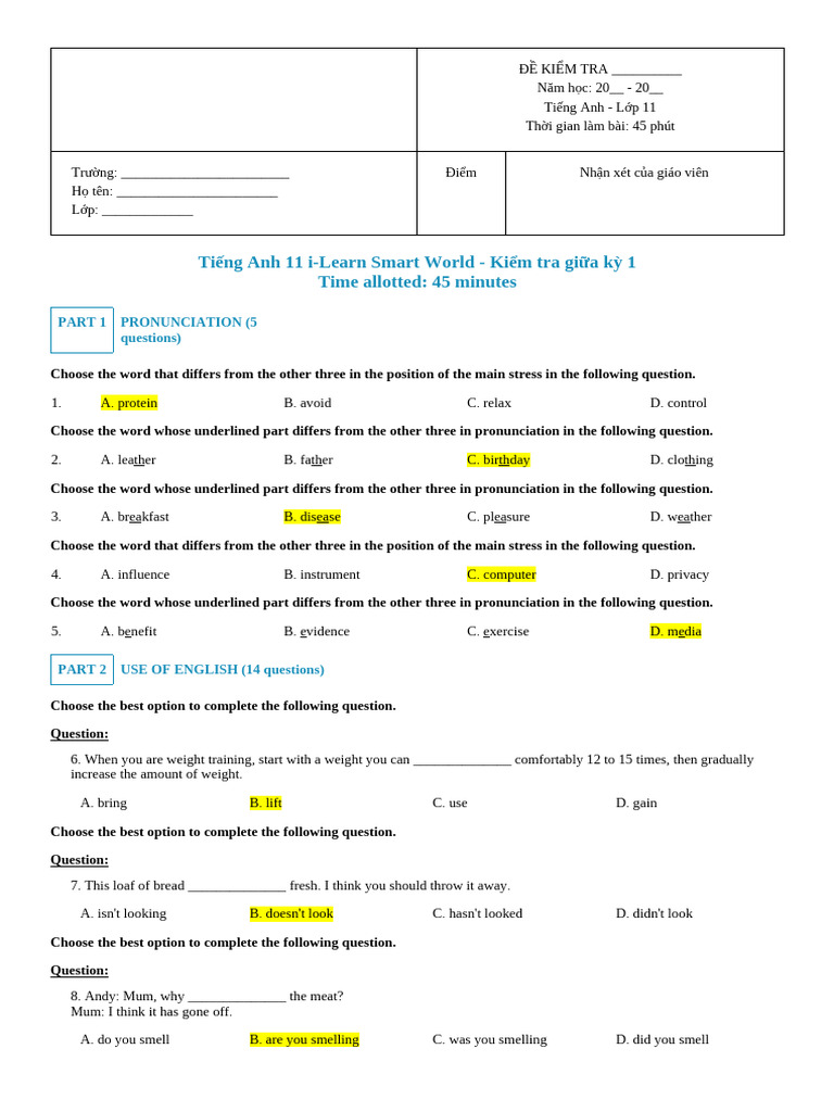 English Test for 11th Grade Students | PDF | Lunch | Foods