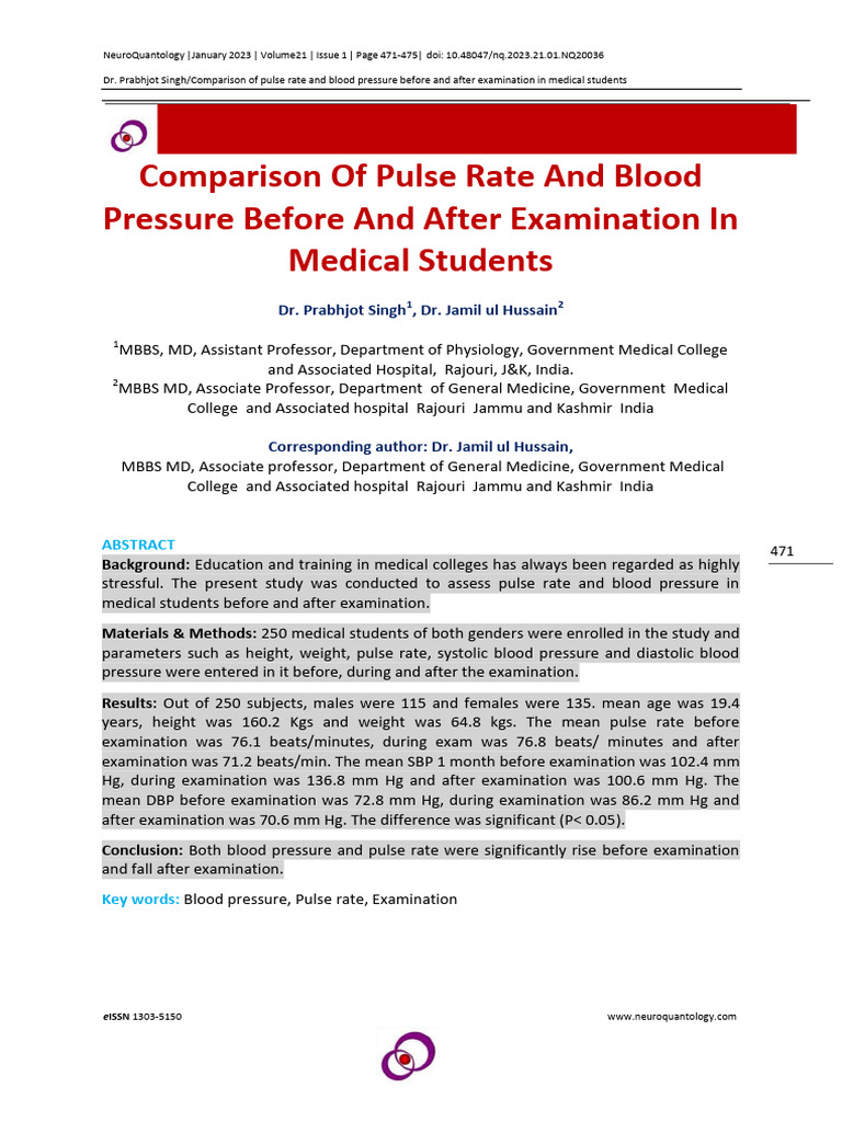 Pulse Rate & Blood Pressure in Medical Students | PDF | Blood Pressure ...