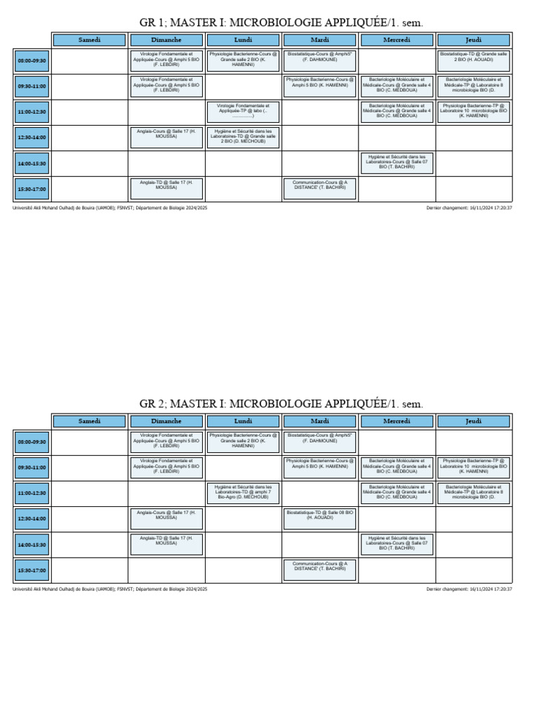 Emploi du temps Master Biologie 2024/2025 | PDF | Biologie des systèmes ...