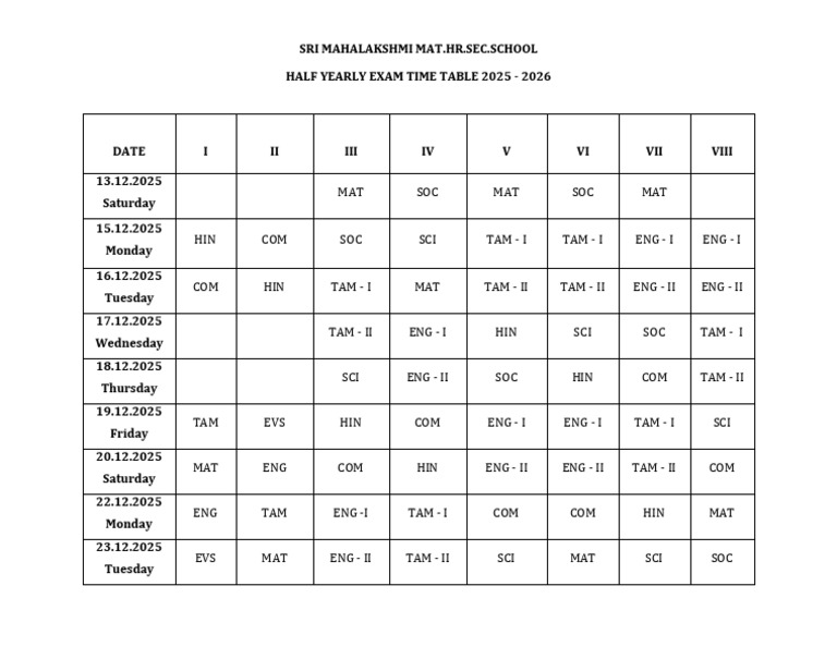 Half Yearly Exam Time Table 2025-3 | PDF