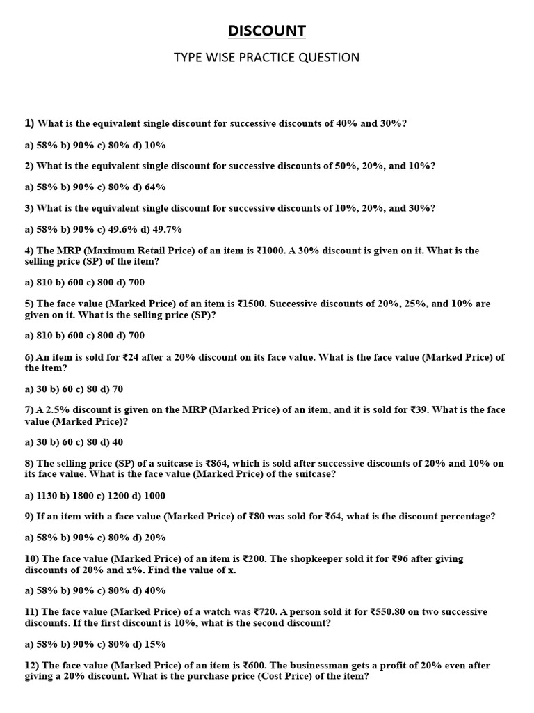 Discount Calculation Practice Questions | PDF | Prices | Cost