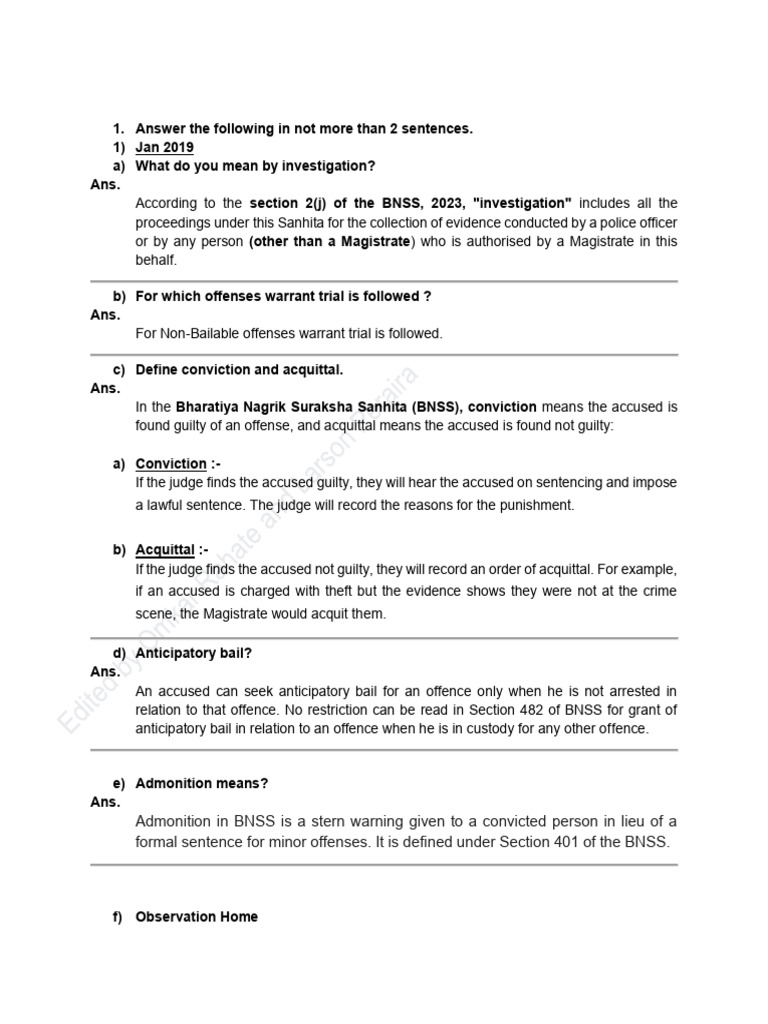Key Legal Terms in BNSS Explained | PDF | Acquittal | Bail