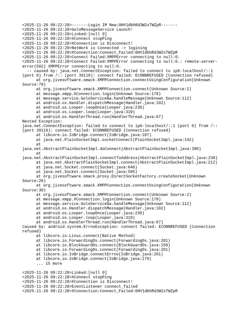GoloMessageService Connection Errors | PDF | Java (Programming Language ...