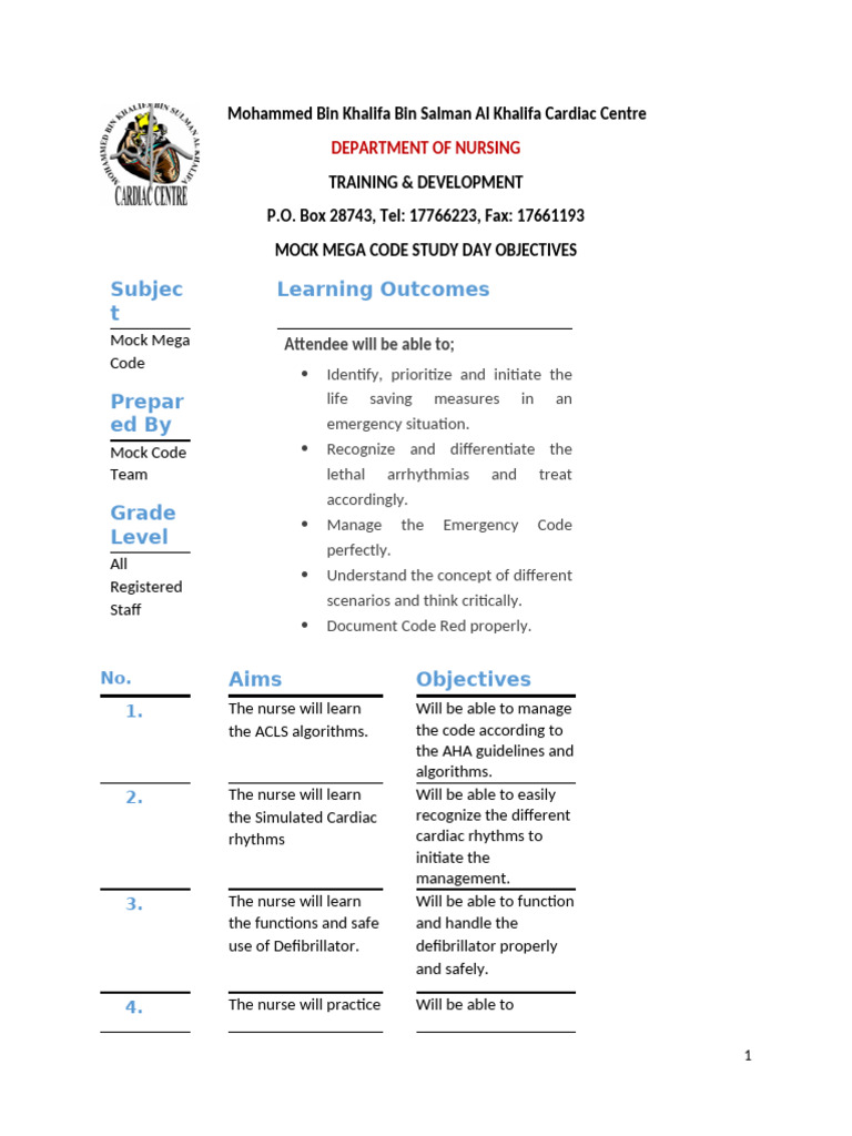 Mock Mega Code Training Objectives | PDF | Cardiology