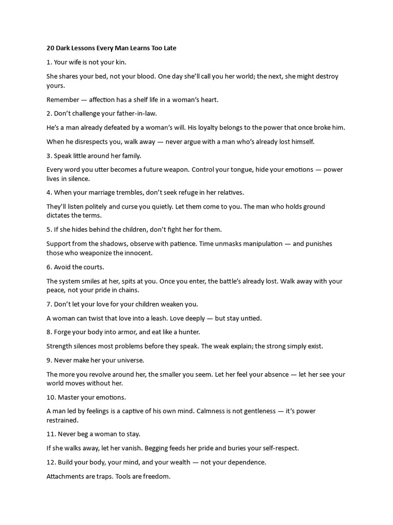 20 Hard Truths Men Learn Too Late | PDF