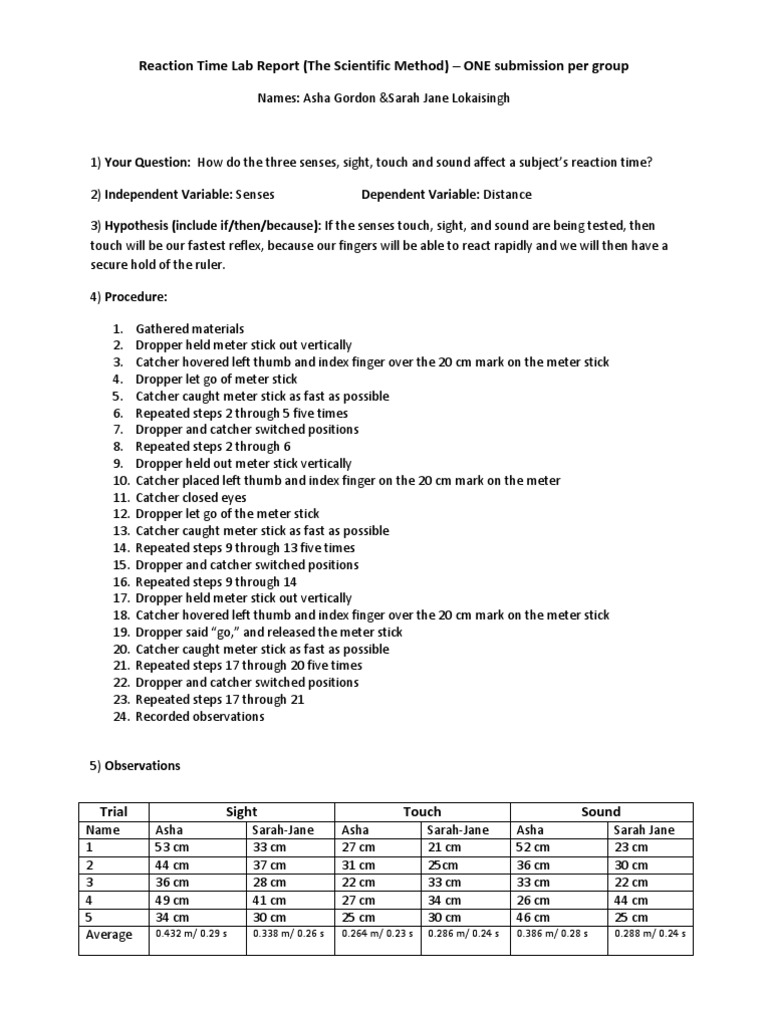 Reaction Time Lab Report Experiment Mental Processes