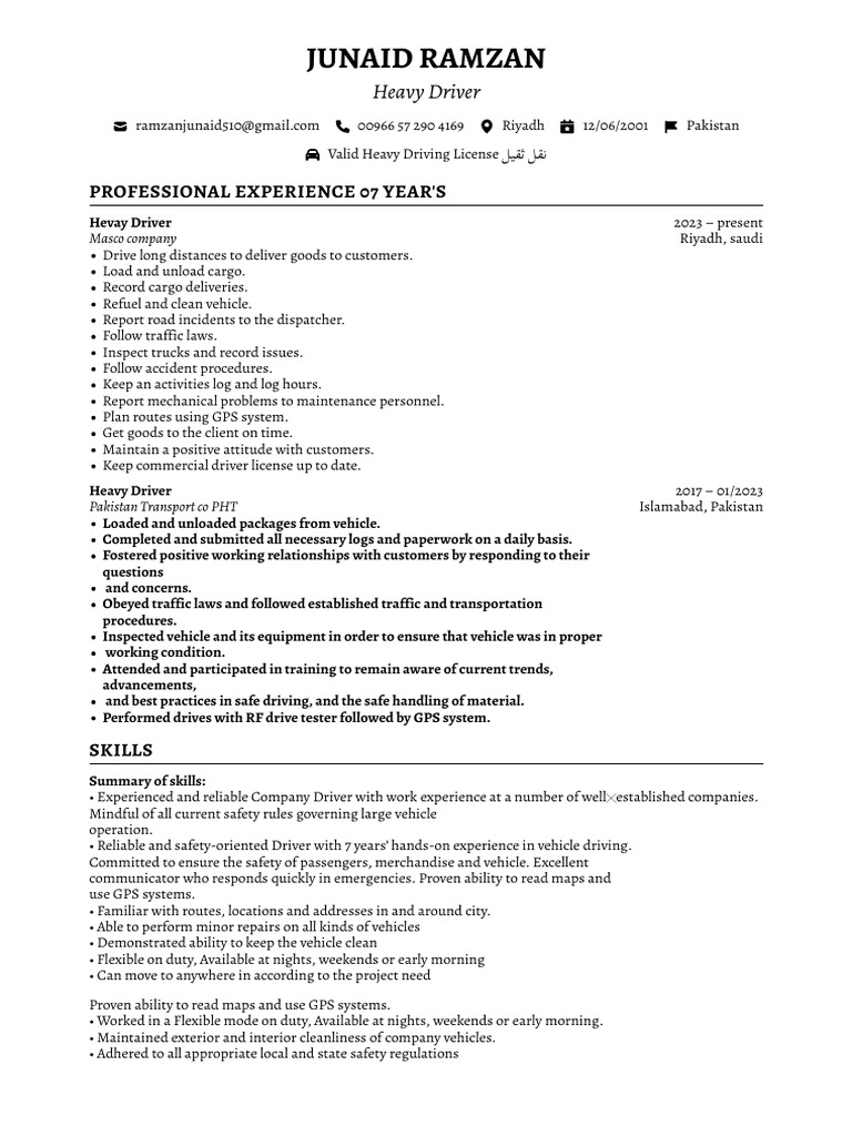 Experienced Heavy Driver Resume | PDF | Driving | Transport