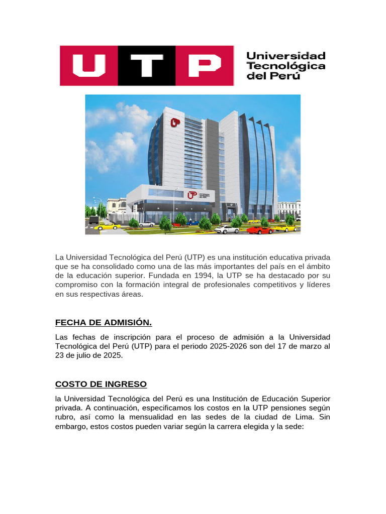Admisión UTP 2025-2026: Requisitos y Costos | PDF | Ingeniería ...