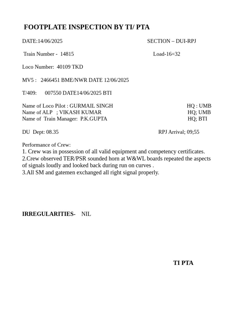 Footplate Inspection Report for Train 14815 | PDF