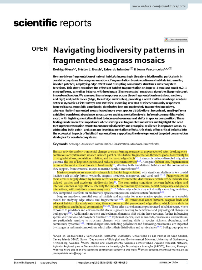 Effects of Fragmentation on Seagrass Biodiversity | PDF | Habitat | Ecology