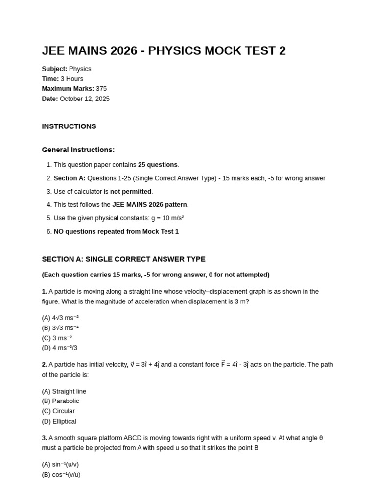 JEE Mains 2026 Physics Mock Test | PDF | Acceleration | Mechanical ...