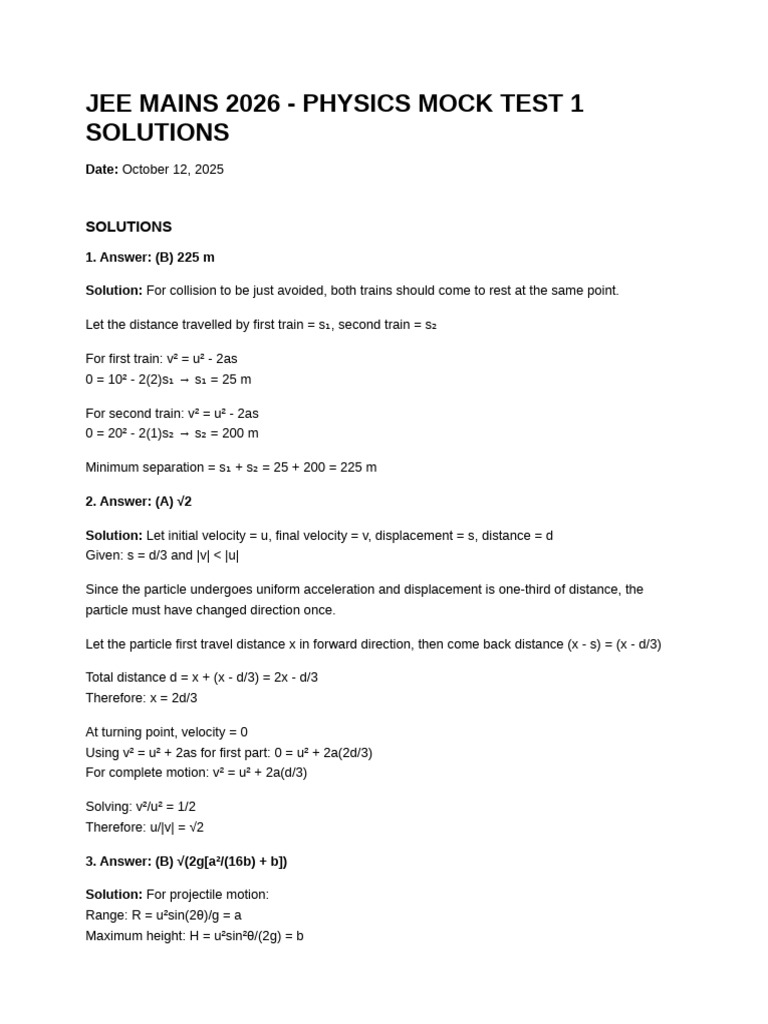 JEE MAINS 2026 Physics Mock Test 1 Solutions | PDF | Spacetime | Physics
