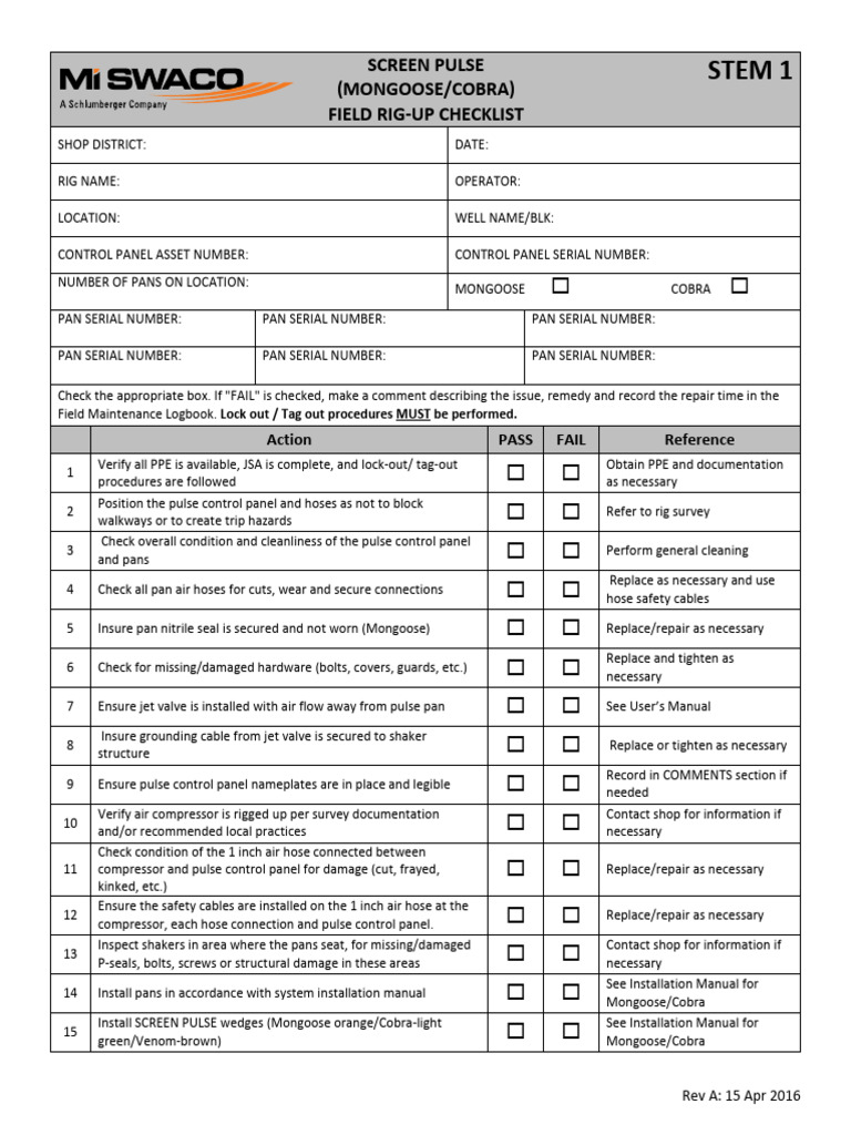 Screen Pulse Field Checklist - Rev A - 9903939934 - 01 - 6524073 - 01 ...
