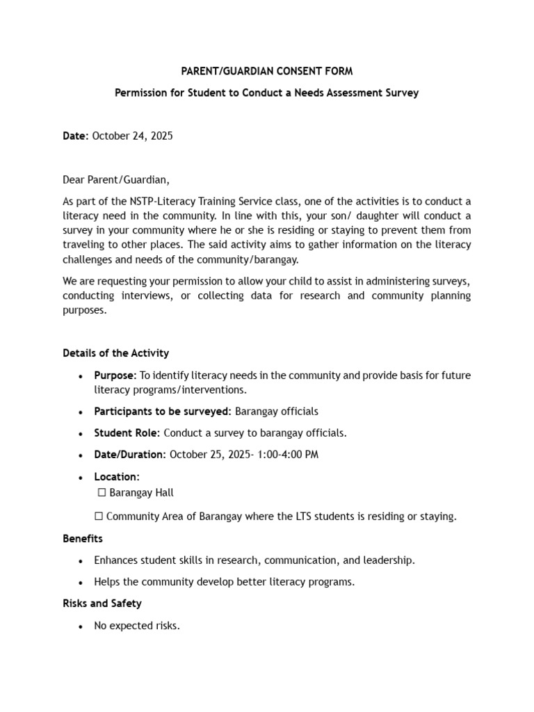 Consent for Literacy Needs Survey | PDF