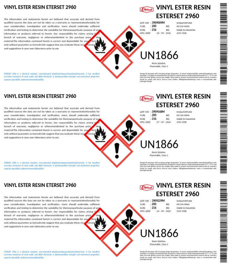 Vinyl Ester Resin Eterset 2960 | PDF | Materials