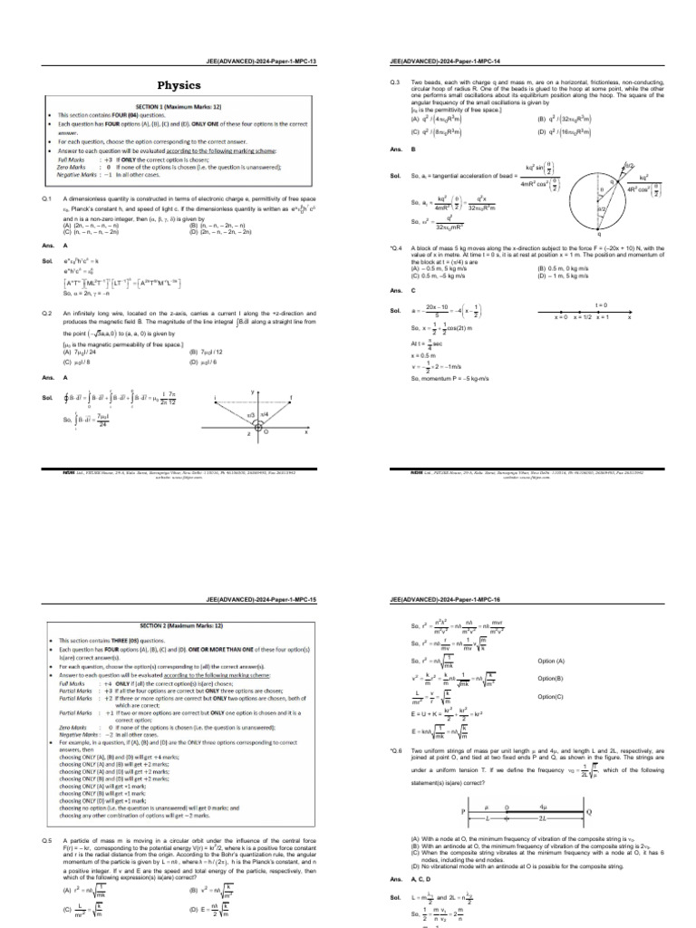 JEE Advanced 2024 Paper 1 Solutions | PDF | Force | Physical Phenomena