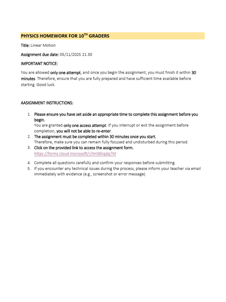 Physics Homework for 10th Graders | PDF