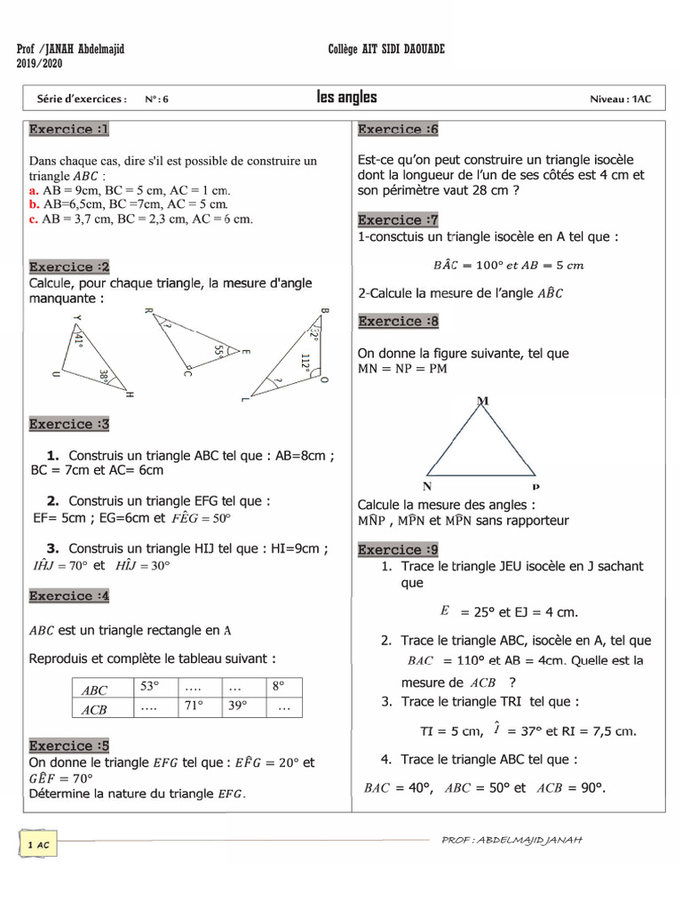 Le Triangle Exercices Non Corriges Ma | PDF