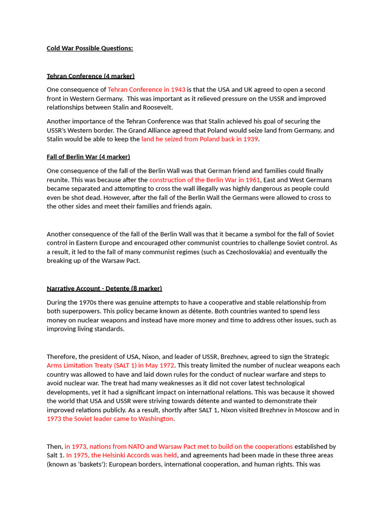 Edexcel GCSE History Practice Questions- Cold War | PDF | Cold War ...